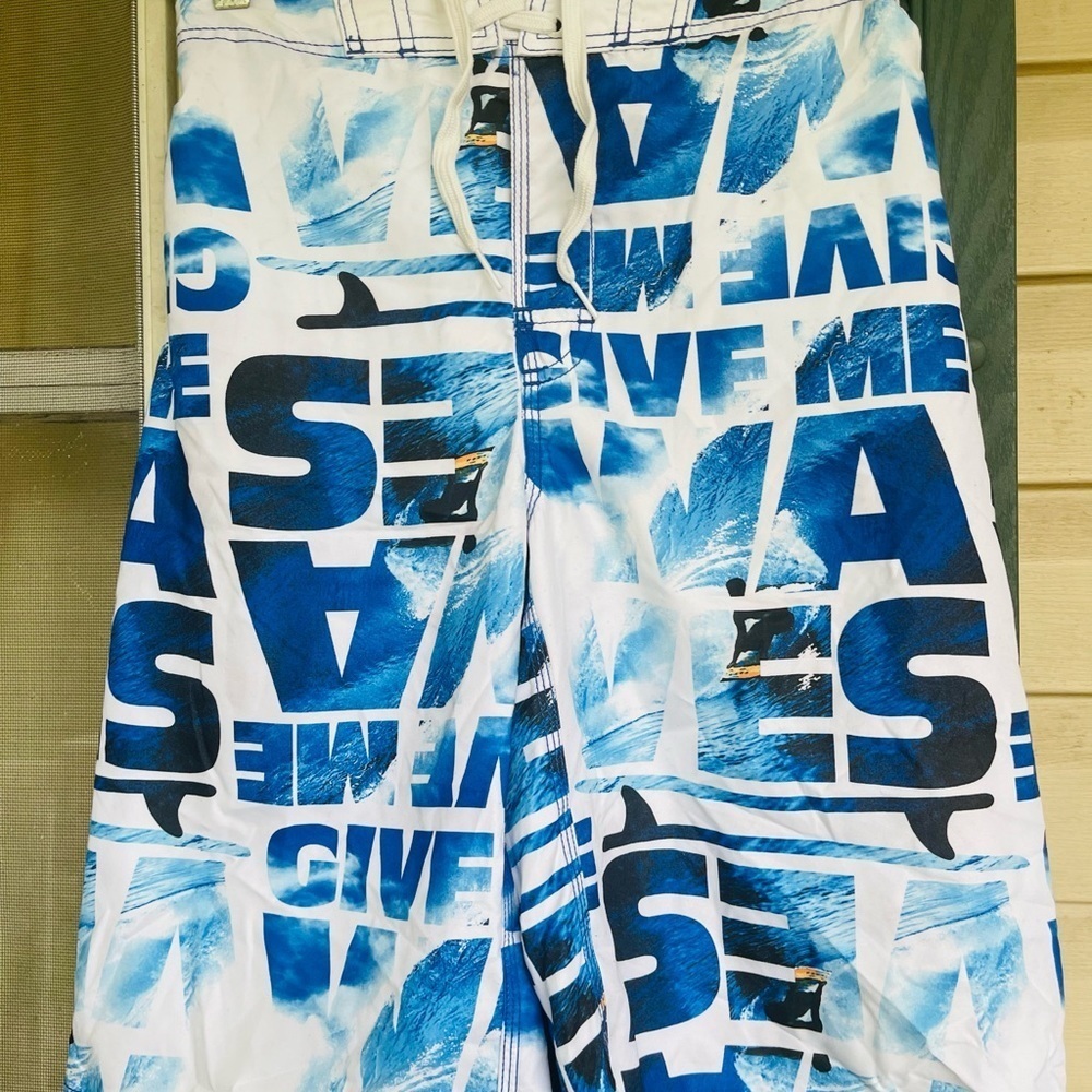 Boys Old Navy Give Me Waves! Blue & White Swim Shorts Trunks